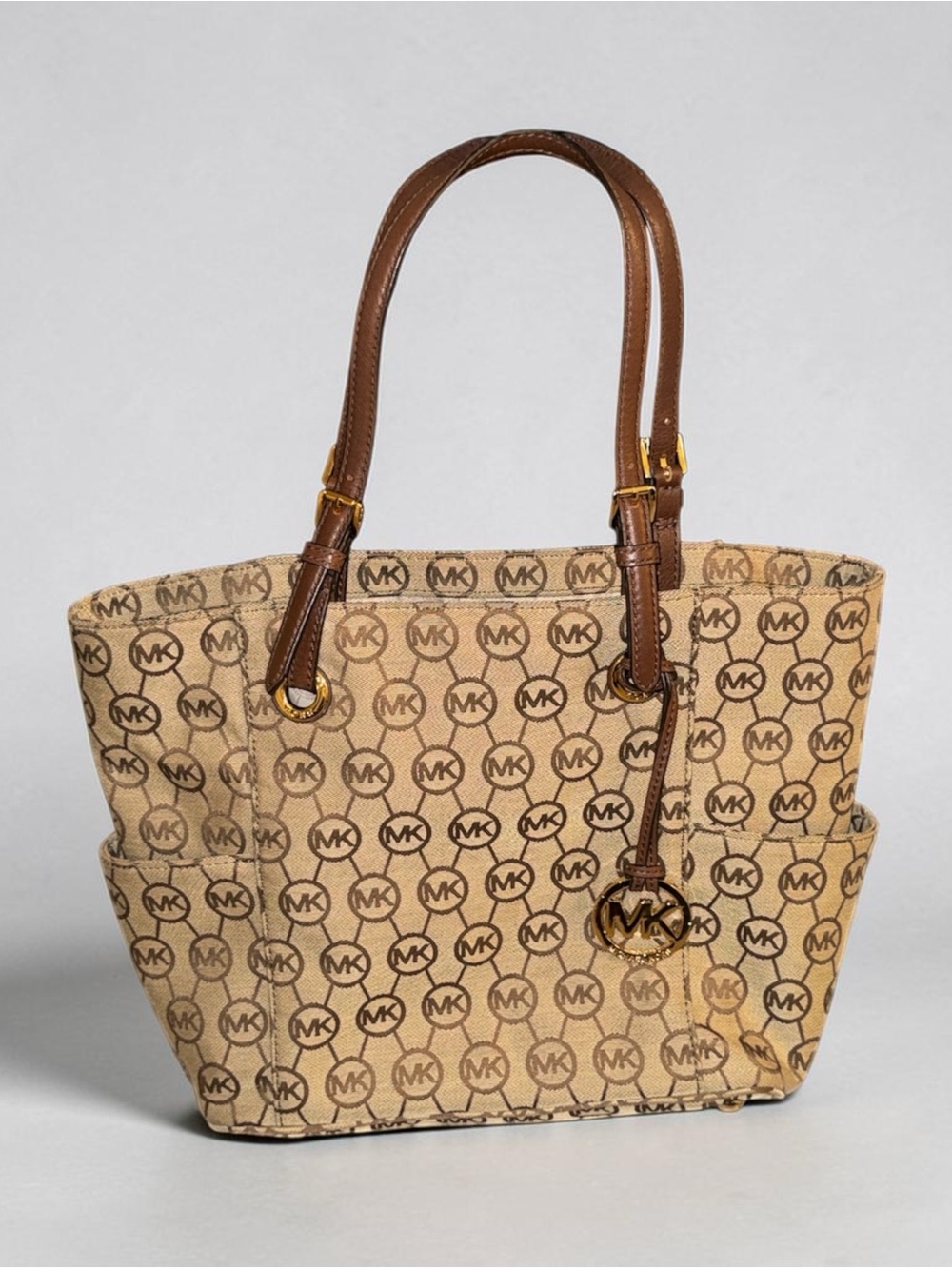Authentic Michael Kors Signature MK Monogram Brown Beige Tote Bag